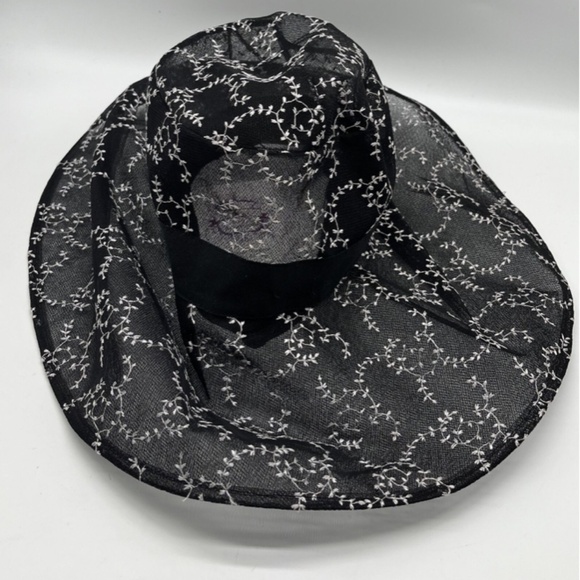 Patricia Underwood Black Mesh Floppy Sun Hat w/ White Embroidery